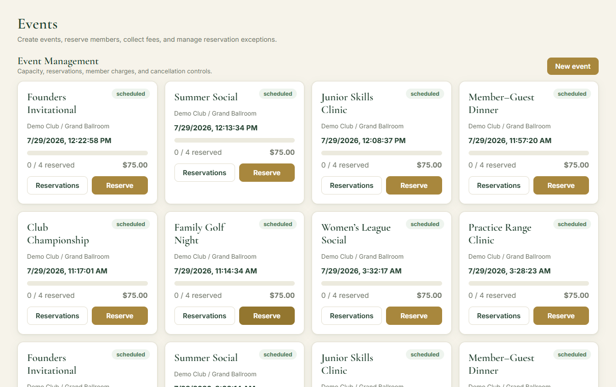Exact Black Sparrow event management screen using fictional events