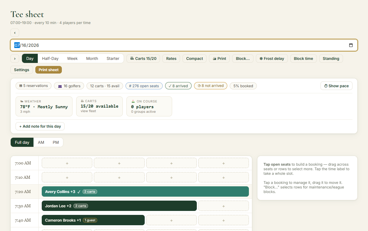 Exact Black Sparrow tee sheet interface using fictional demo data